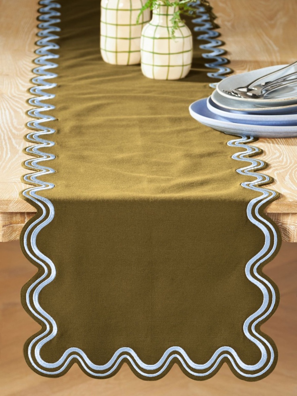 Anthropologie Madeline Embroidered Table Runner - Olive